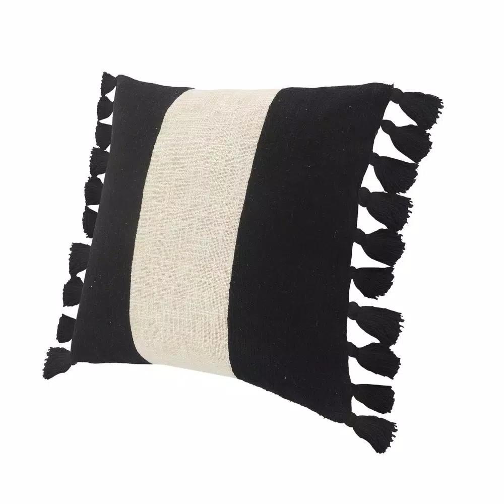 LR Home Trinity Black and Ivory Striped Fringe Throw Pillow, 20 x 20 in.