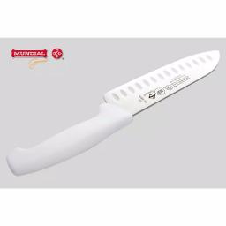 Mundial 3800 Series 7 in. Santoku Knife with Hollow Edge and Antimicrobial White Handle thumbnail 3