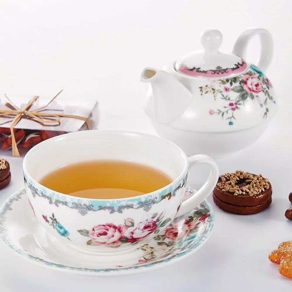 MALACASA Elegant Porcelain Tea for One Set - 3 Piece Teapot, Teacup and Saucer Set, White with Pattern