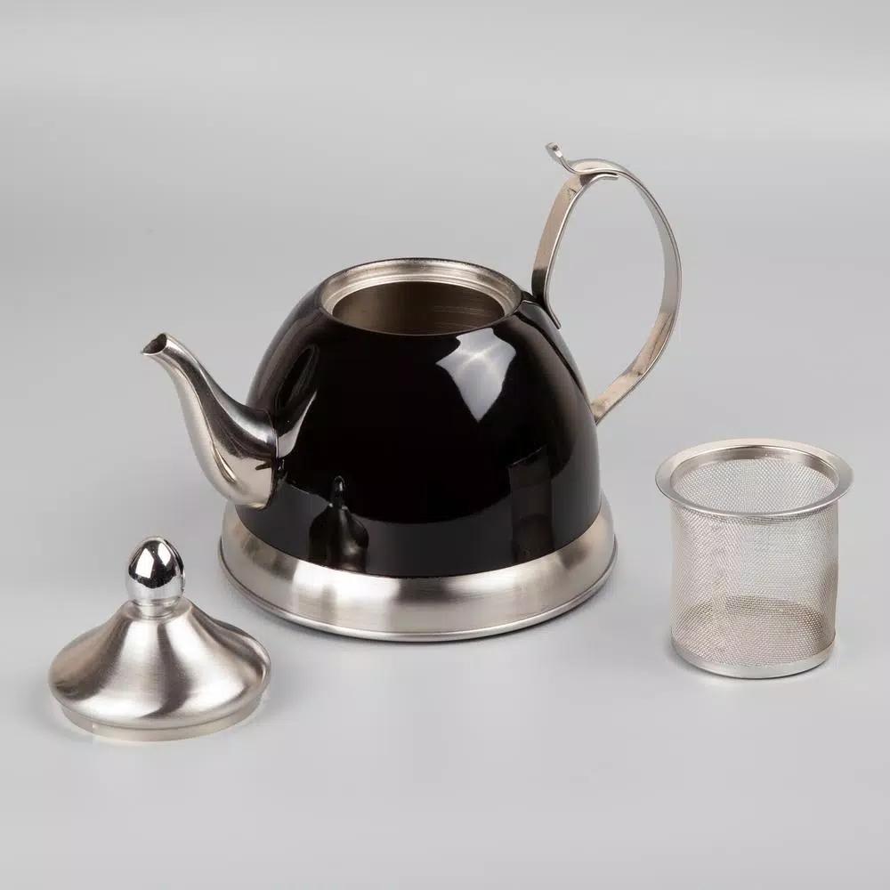 Creative Home Nobili-Tea 1.0 Qt. Stainless Steel Tea Kettle with Removable Infuser Basket, Filter Black