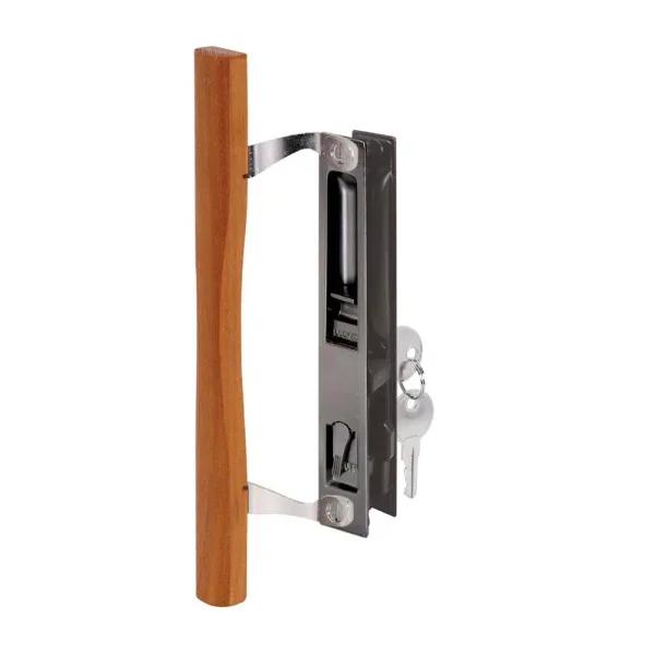 Prime-Line Black Diecast and Wood Sliding Glass Door Handle Set, 6-5/8 in. Hook Style Flush Mount, Keyed