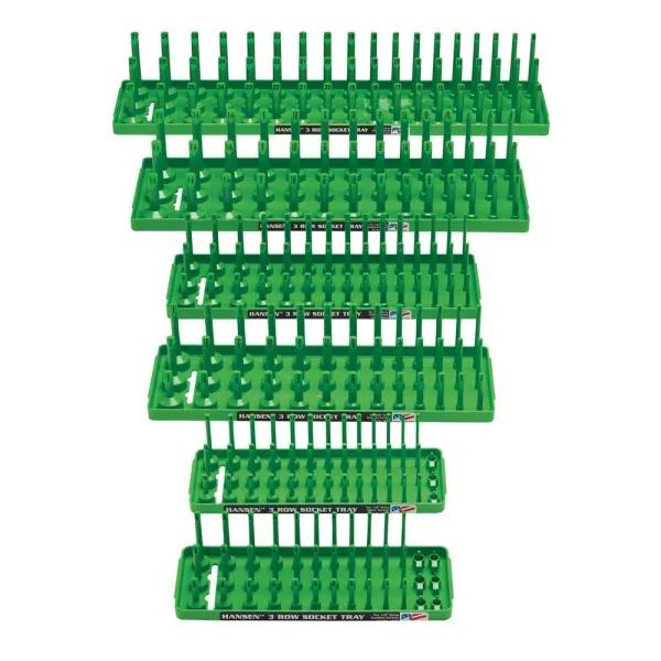 Hansen Global Inc. 3-Row Socket Holder Trays, Green (6-Pack) - SAE & Metric for 1/2 in., 3/8 in., and 1/4 in. Drives