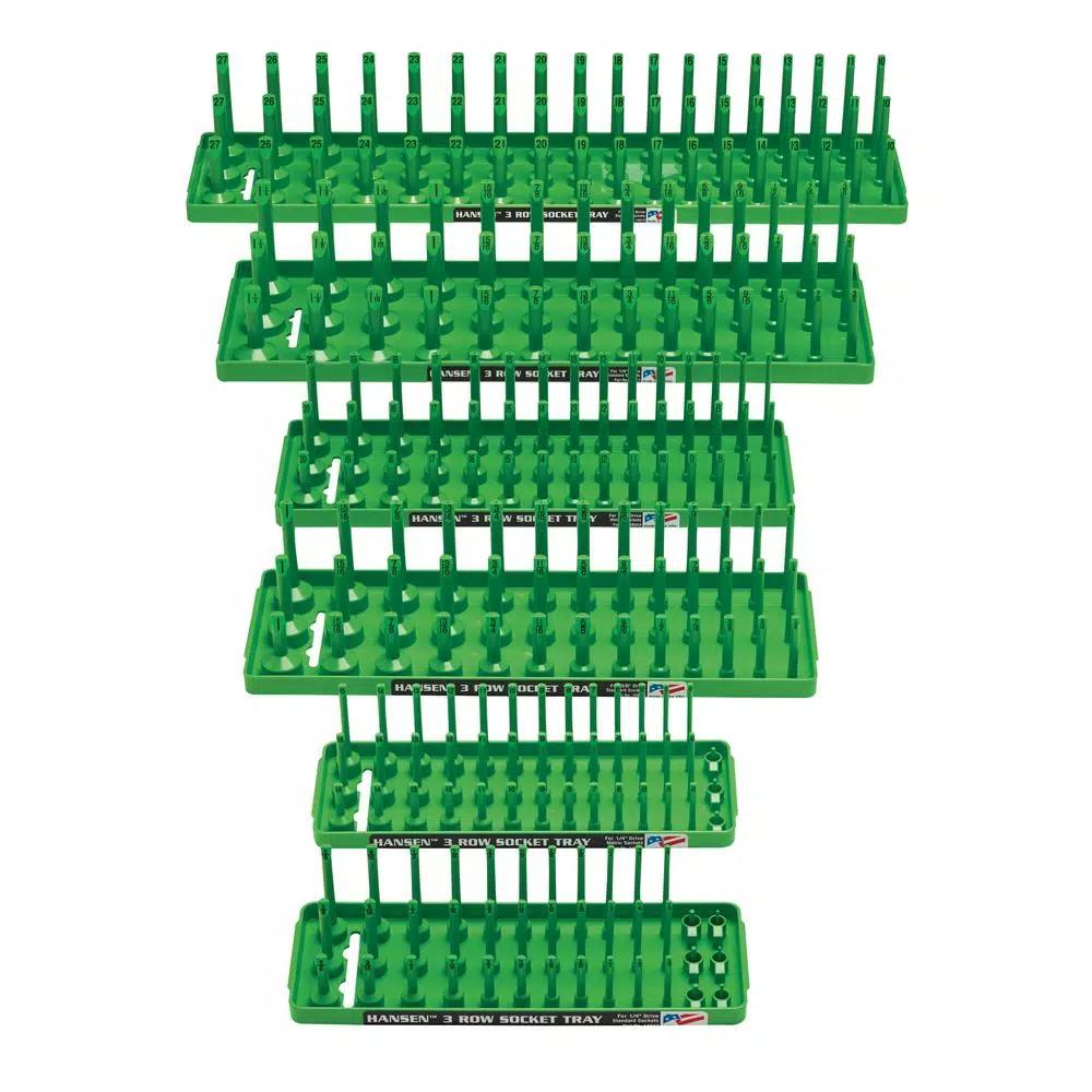 Hansen Global Inc. 3-Row Socket Holder Trays, Green (6-Pack) - SAE & Metric for 1/2 in., 3/8 in., and 1/4 in. Drives