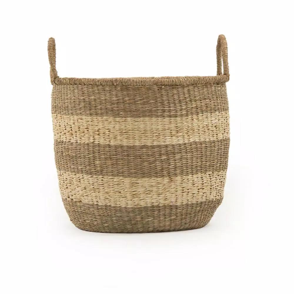 Zentique Large Hand Woven Seagrass and Palm Leaf Striped Basket with Handles
