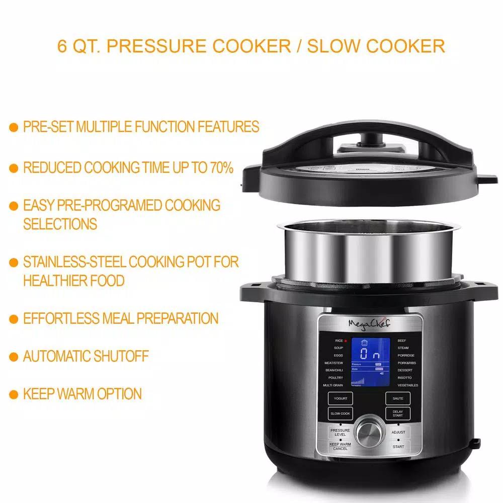 Megachef 6 Qt. Stainless Steel Digital Electric Pressure Cooker with 14 Programmable Settings