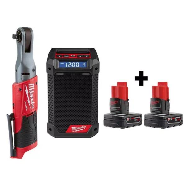 Milwaukee M12 FUEL 3/8 in. Cordless Ratchet and Jobsite Radio Combo Kit with Two 3.0 Ah Batteries