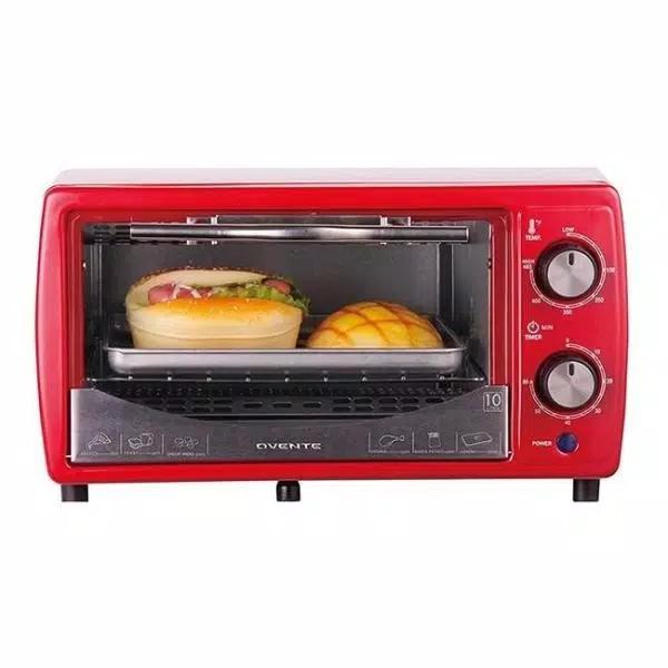 Ovente 700W 4-Slice Electric Toaster Oven with 9.5L Capacity, Timer, and Tempered Glass Door - Red