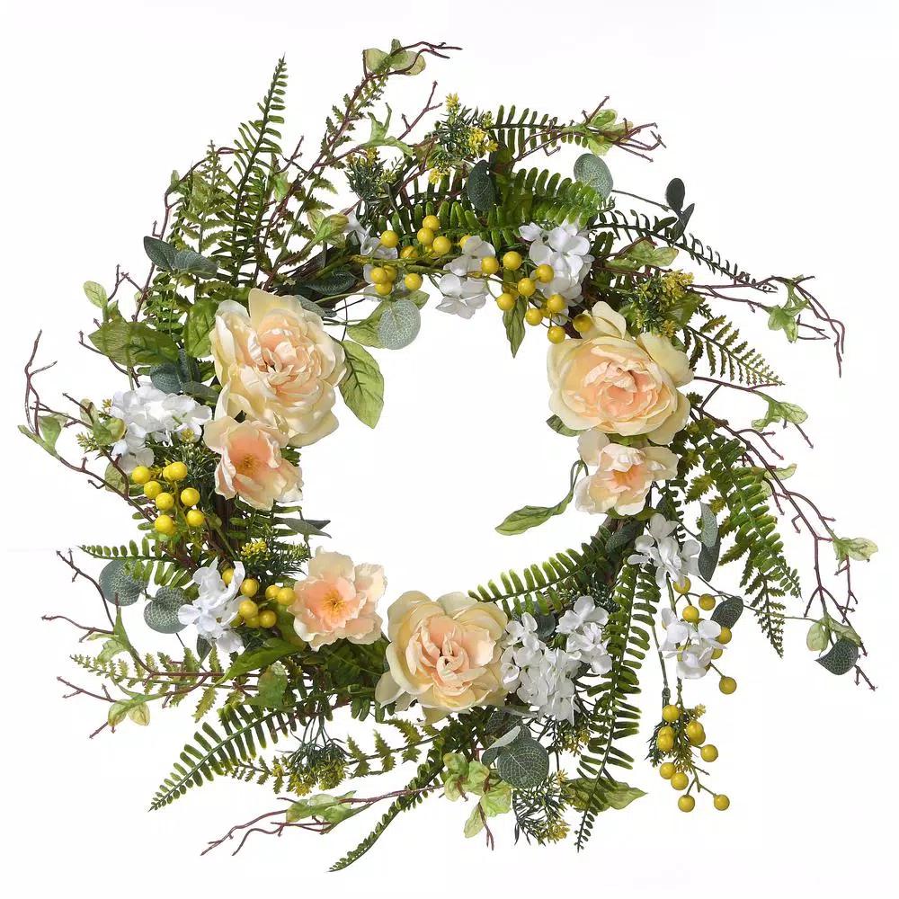 National Tree Company 20 in. Spring Flowers Wreath with White and Yellow Blooms