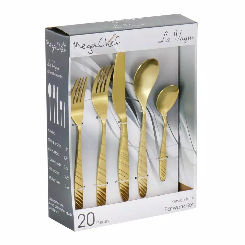 Megachef La Vague 20-Piece Matte Gold Flatware Set, 18/10 Stainless Steel Service for 4
