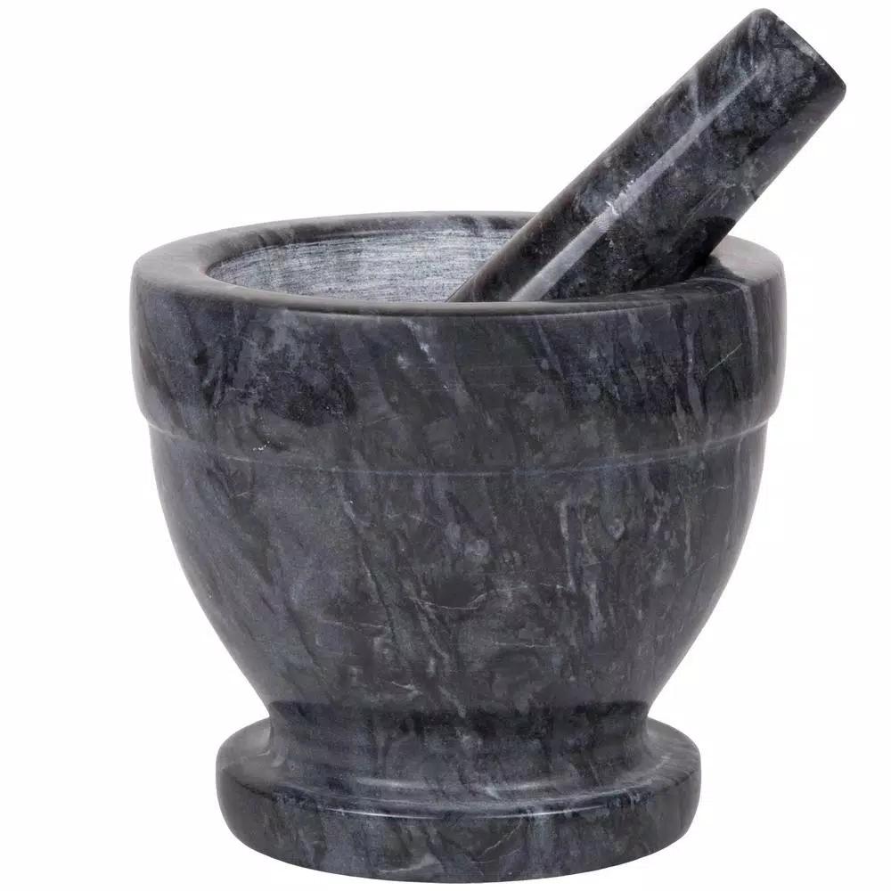 Creative Home Natural Black Marble Mortar and Pestle Set, 5-1/4 in. Stone Grinder for Spices and Herbs