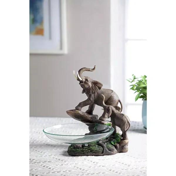 ORE International 10.5 in. Elephant Resin Candy Dish with Glass Bowl - Mother and Calf Sculpture