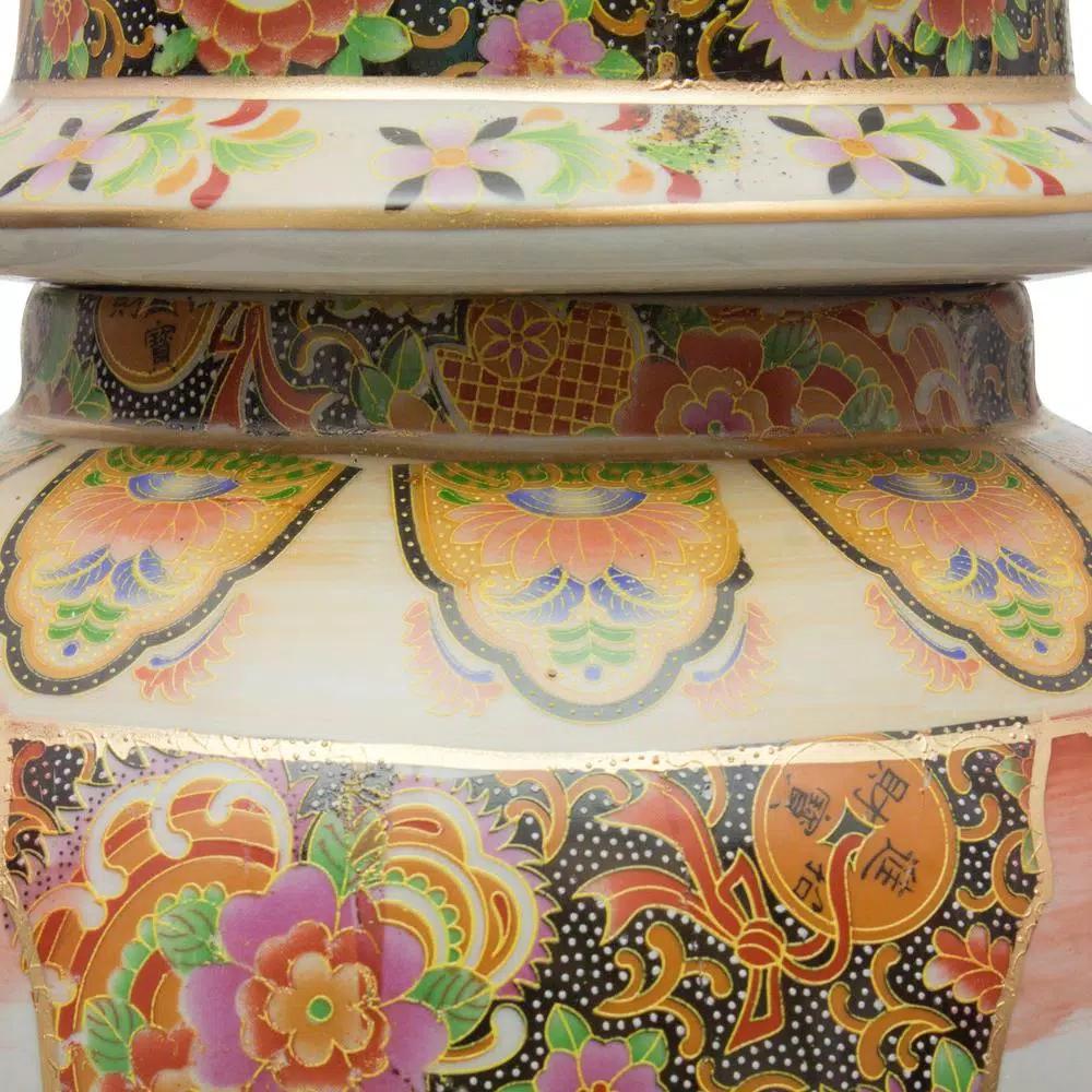 Unbranded Oriental Furniture 18 in. Rose Medallion Satsuma Peacock Porcelain Temple Jar