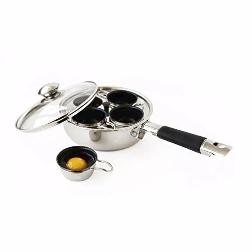 ExcelSteel 4-Cup 18/10 Stainless Steel Egg Poacher with Silicone Grip and Tempered Glass Lid