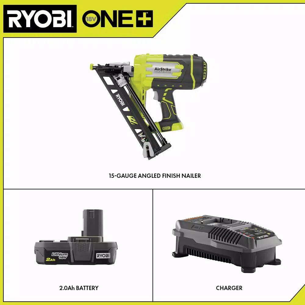 RYOBI 18V ONE+ 15-Gauge Angled Cordless AirStrike Finish Nailer Kit with 2.0 Ah Battery and Charger