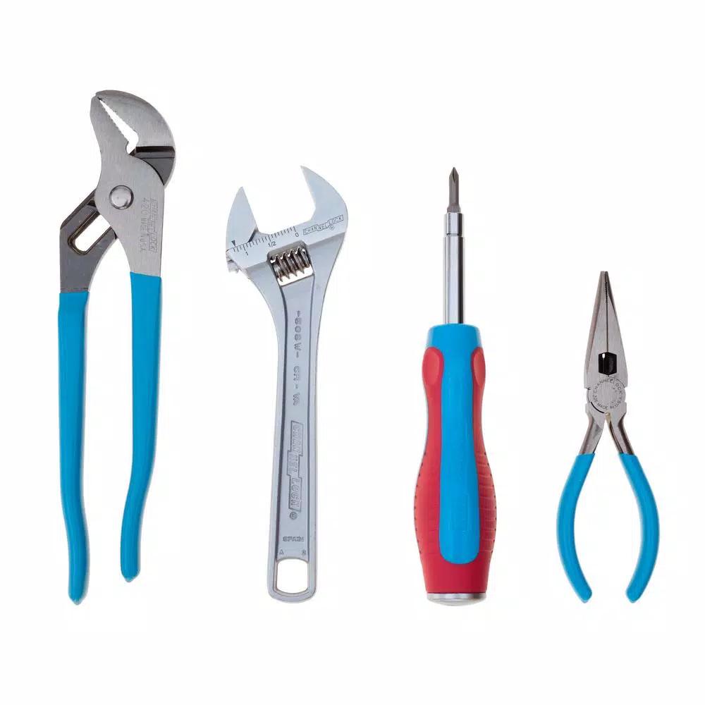 Channellock 4-Piece Hand Tool Set with Adjustable Wrench, Tongue and Groove, Needle Nose Pliers, and 6-in-1 Screwdriver