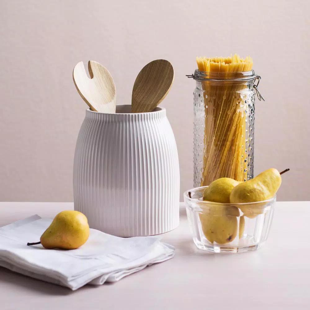 Home Essentials 7 in. Striped Embossed Ceramic Utensil Crock - White Stoneware Tool Holder