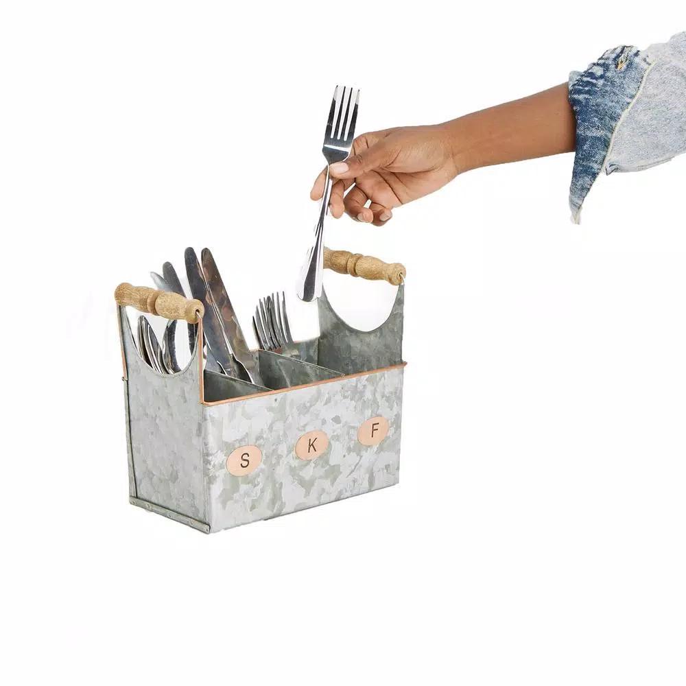 Mind Reader Silver Galvanized Steel Utensil Caddy - Kitchen Condiment & Flatware Organizer
