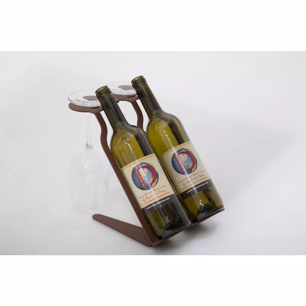DI PRIMA USA Venetian Freestanding Tabletop Wine Rack - 2 Bottle & 2 Glass Holder, Chestnut Brown