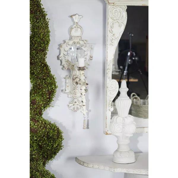 LITTON LANE Distressed White Ornate Candle Sconce - Vintage Metal and Wood Wall Decor