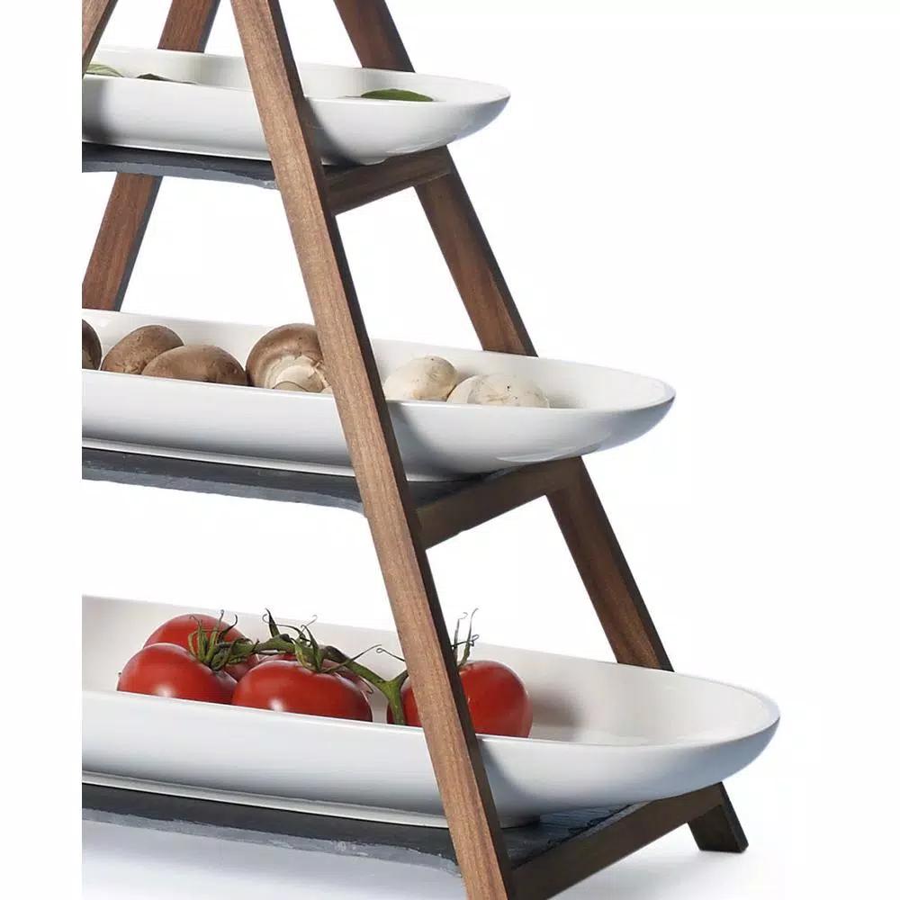 Villeroy & Boch Artesano 4-Piece Tiered Server Set with Porcelain Bowls, Acacia Wood & Slate