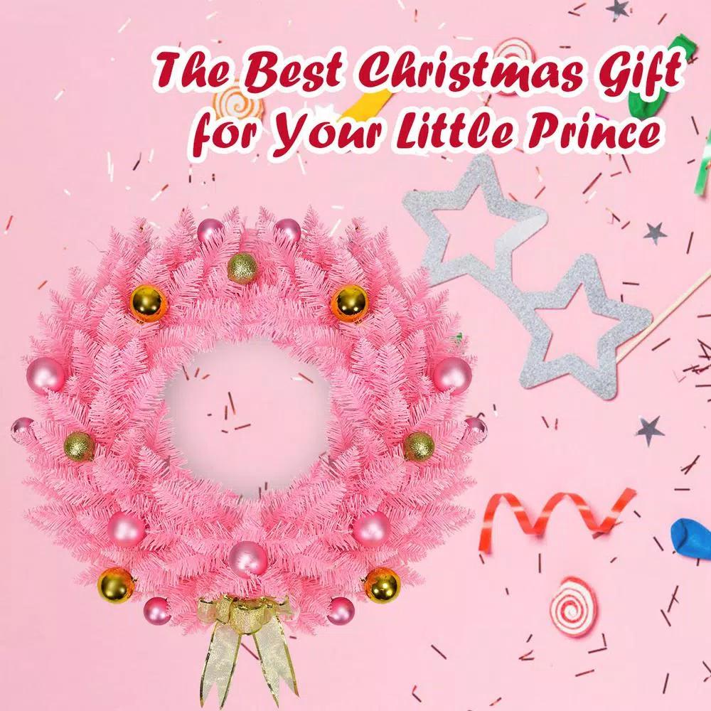 Costway 24 in. Pink Artificial PVC Christmas Wreath with Ornament Balls and Golden Bow