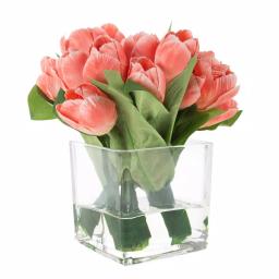 Pure Garden Soft Coral Tulip Floral Arrangement with Glass Vase and Faux Water thumbnail 1