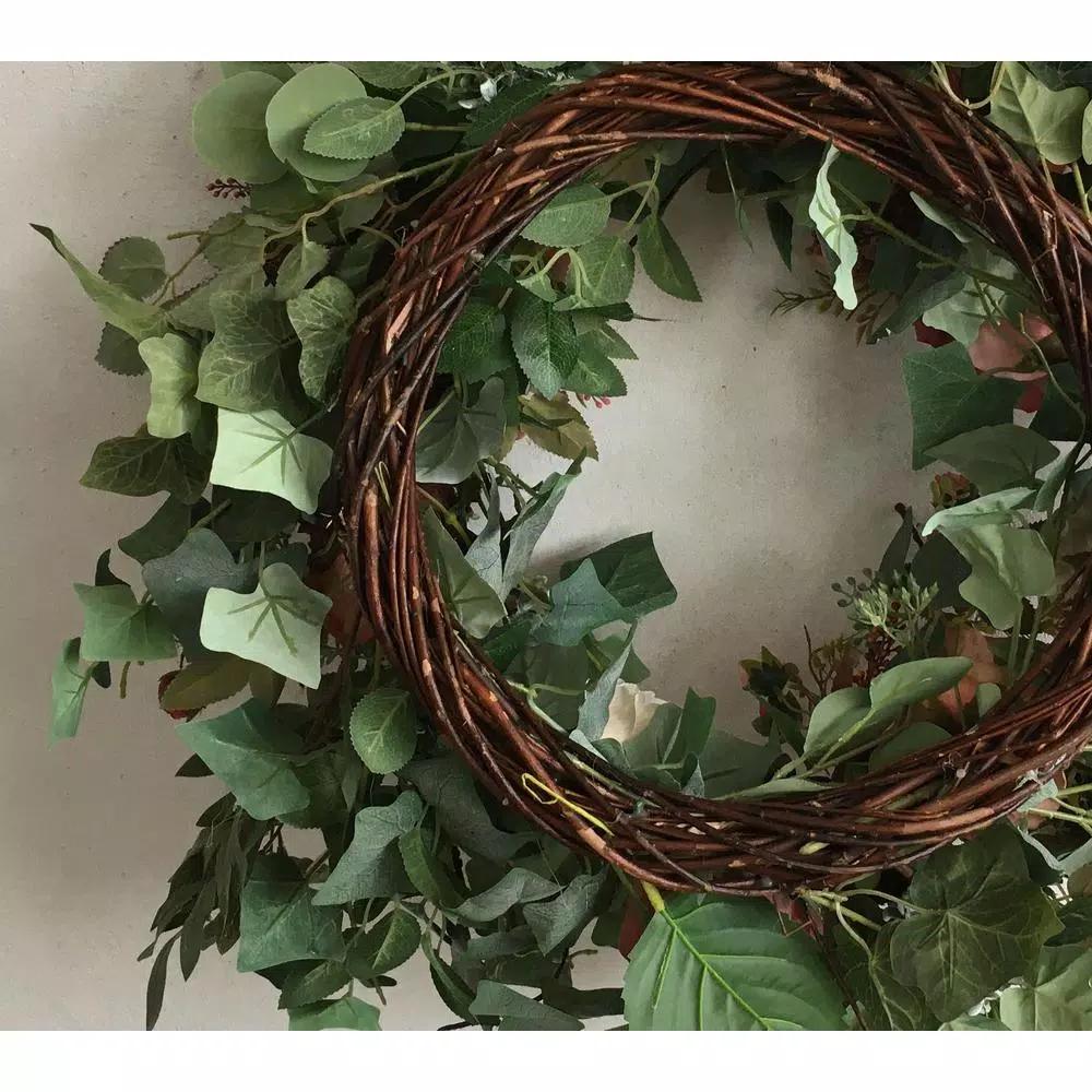 Glitzhome 26 in. Artificial Green Wreath with Roses, Eucalyptus, and Lambs Ear