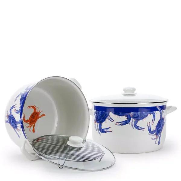 Golden Rabbit Blue Crab 18 qt. Porcelain-Coated Steel Stock Pot Set with Glass Lid and Rack