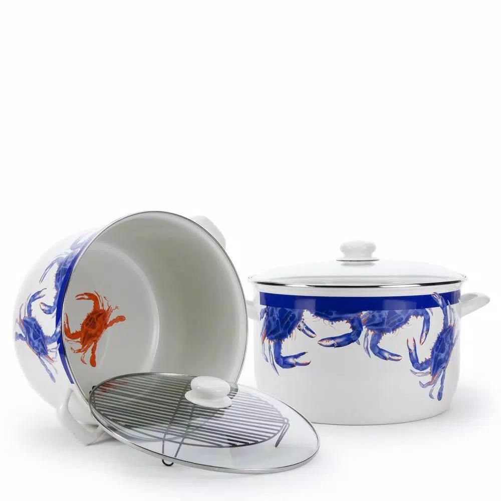 Golden Rabbit Blue Crab 18 qt. Porcelain-Coated Steel Stock Pot Set with Glass Lid and Rack