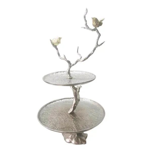 A & B Home Iron Branch Two-Tiered Silver Metal Serving Tray with Decorative Bird Accents