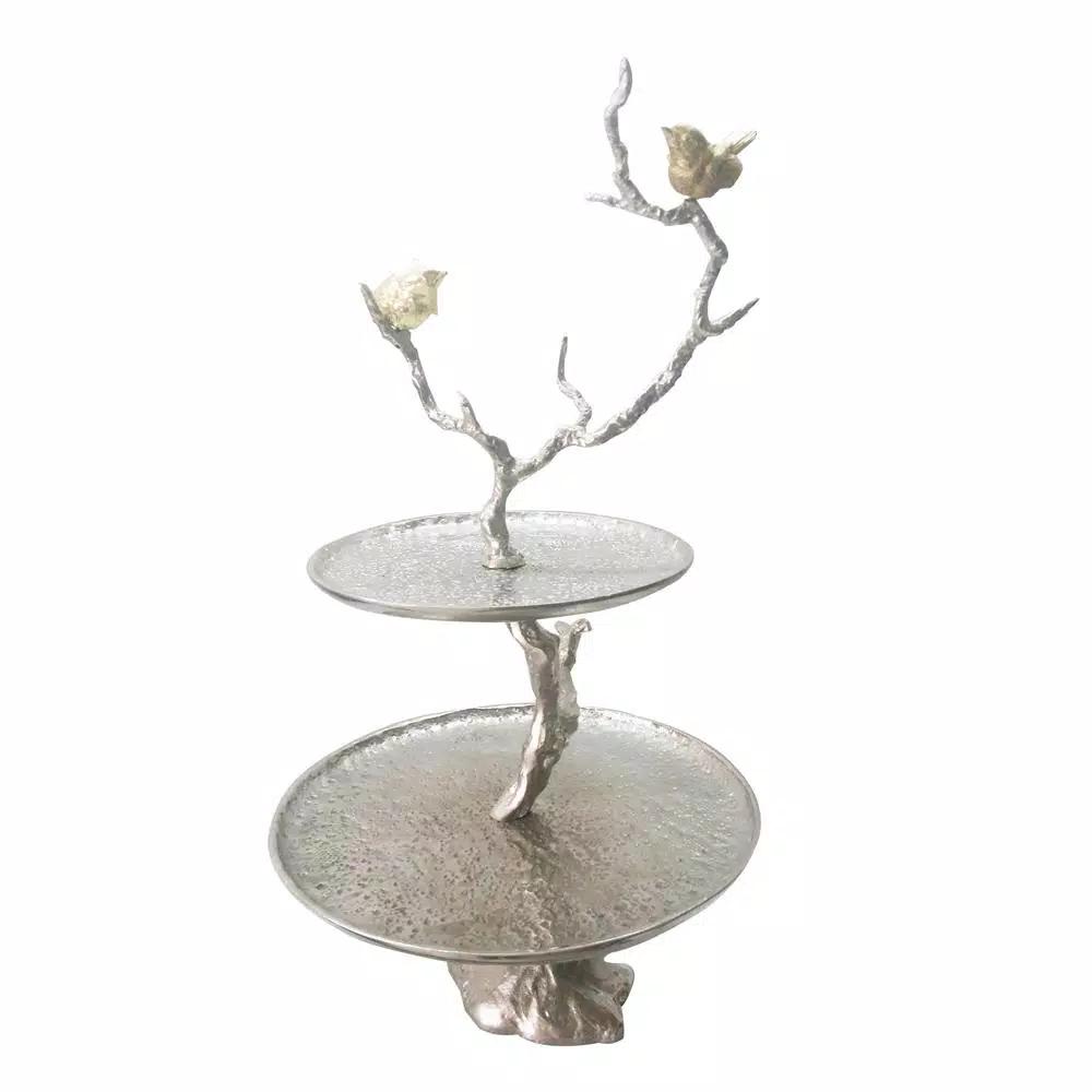 A & B Home Iron Branch Two-Tiered Silver Metal Serving Tray with Decorative Bird Accents