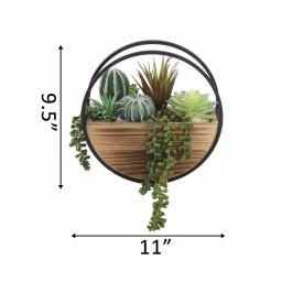 Flora Bunda 11 in. Round Wood and Metal Faux Succulent Wall Hanging Planter thumbnail 2