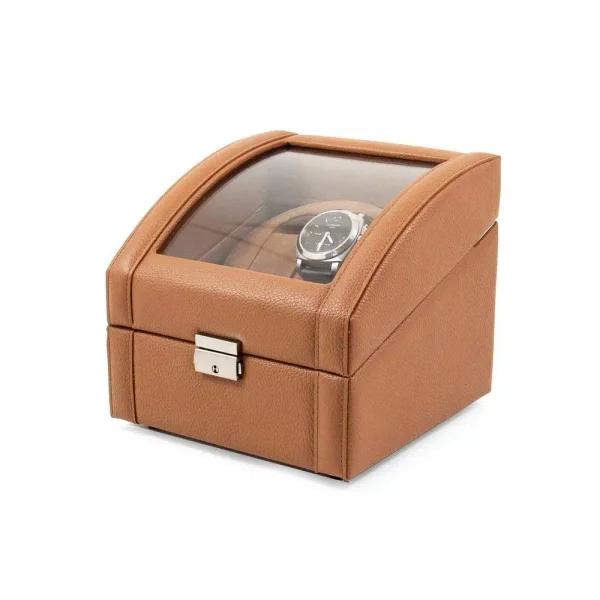 BEY-BERK Tan Leather 2-Watch Winder with Glass Top and Dual Direction Rotation
