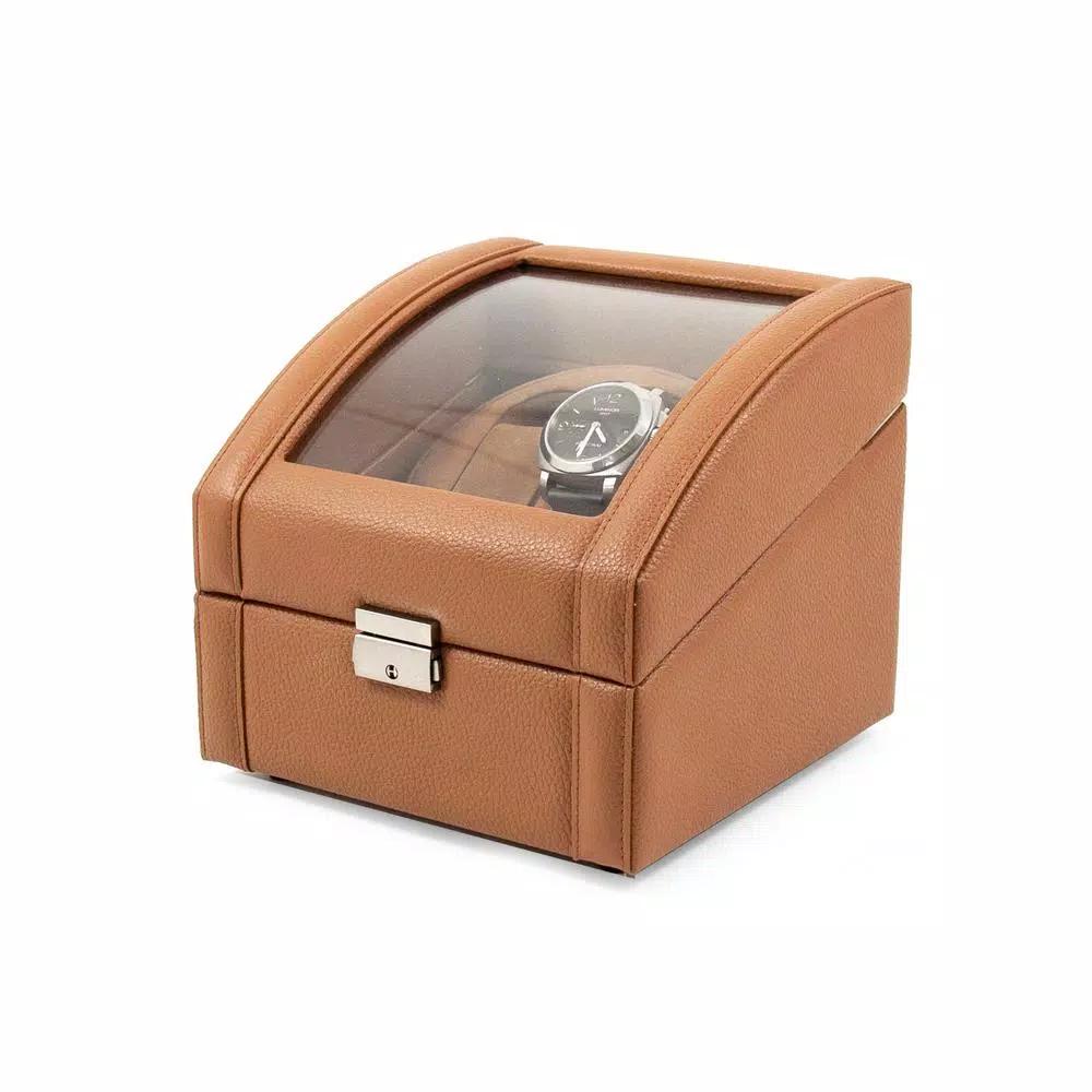 BEY-BERK Tan Leather 2-Watch Winder with Glass Top and Dual Direction Rotation