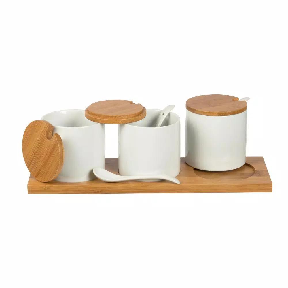 Unbranded Denmark Tools For Cooks 10-Piece White Porcelain Condiment Server Set with Bamboo Lids and Tray
