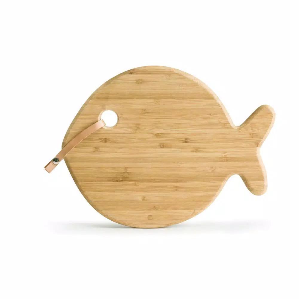 Sagaform Fish Shaped Oak and Bamboo Serving and Cutting Board with Leather Strop