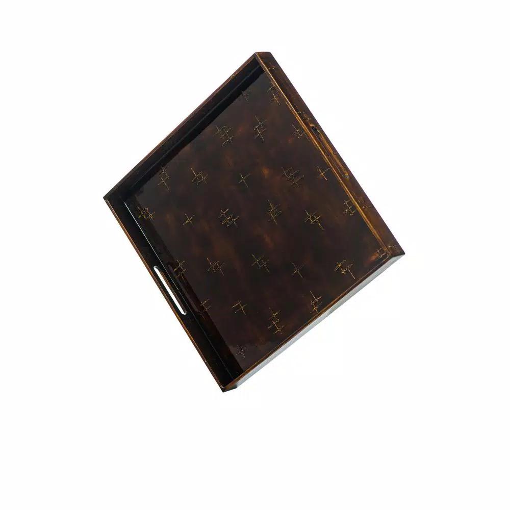 Abigails Brown Wooden Lacquer Square Serving Tray with Basket Weave Pattern, 17.75 in.