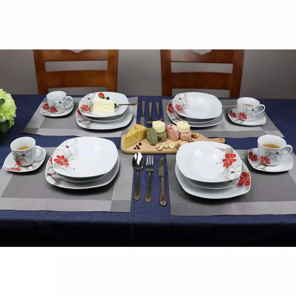 Lorren Home Trends 16-Piece Square Porcelain Dinnerware Set, Red and Tan Floral Design, Service for 4