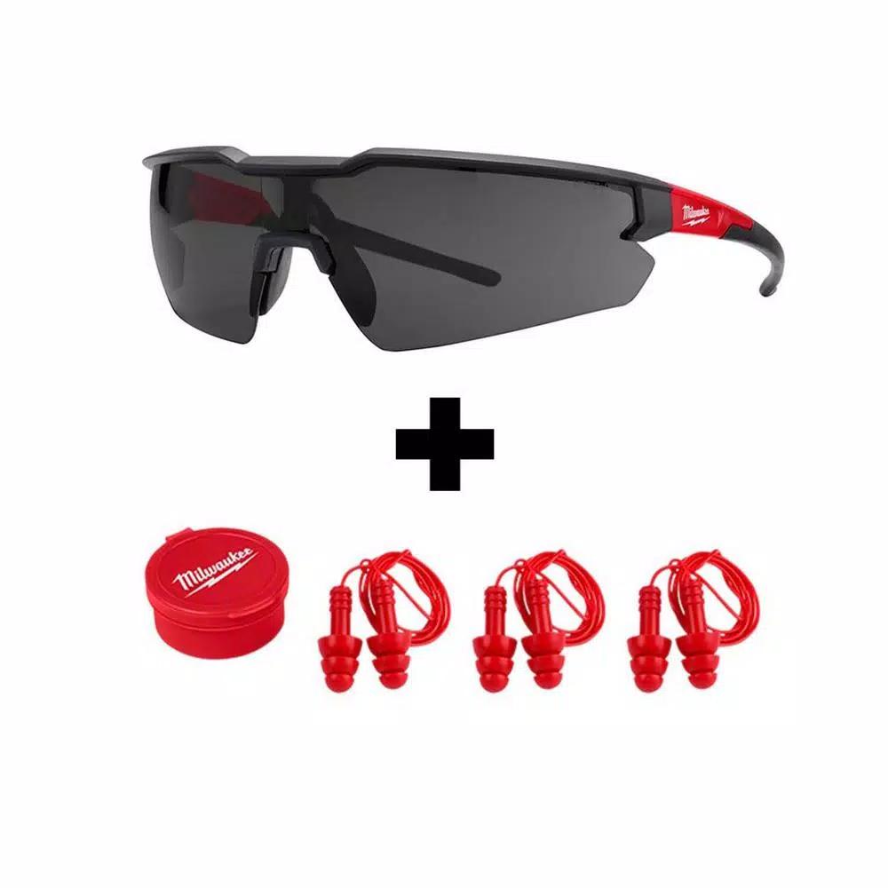 Milwaukee Safety Glasses with Tinted Lenses and Corded Red Reusable Earplugs (4-Piece Set)