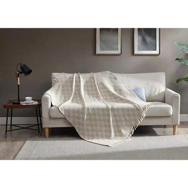 Unbranded MHF Home 50 in. x 60 in. Cotton Blend Taupe Checked Throw Blanket with Tassels
