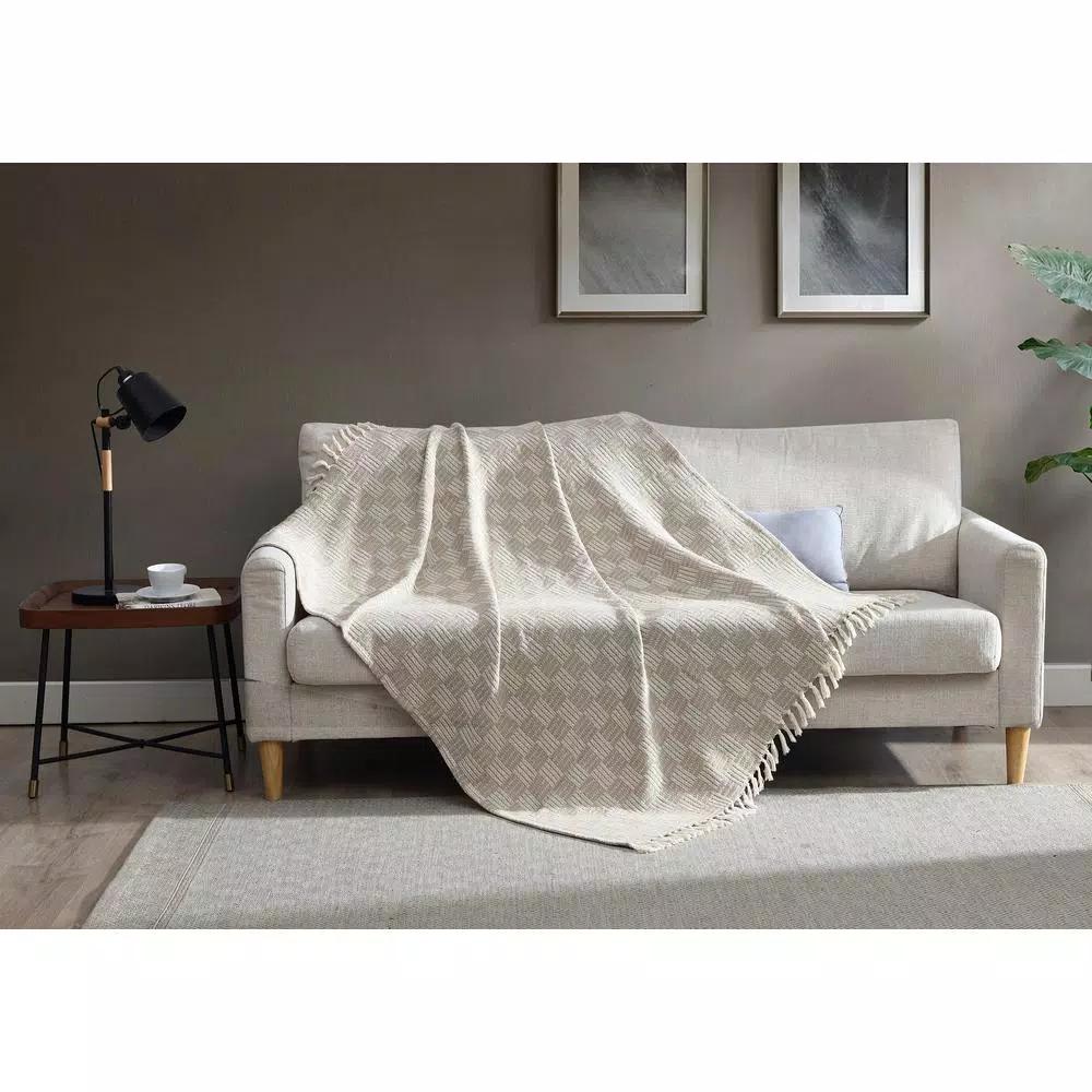 Unbranded MHF Home 50 in. x 60 in. Cotton Blend Taupe Checked Throw Blanket with Tassels