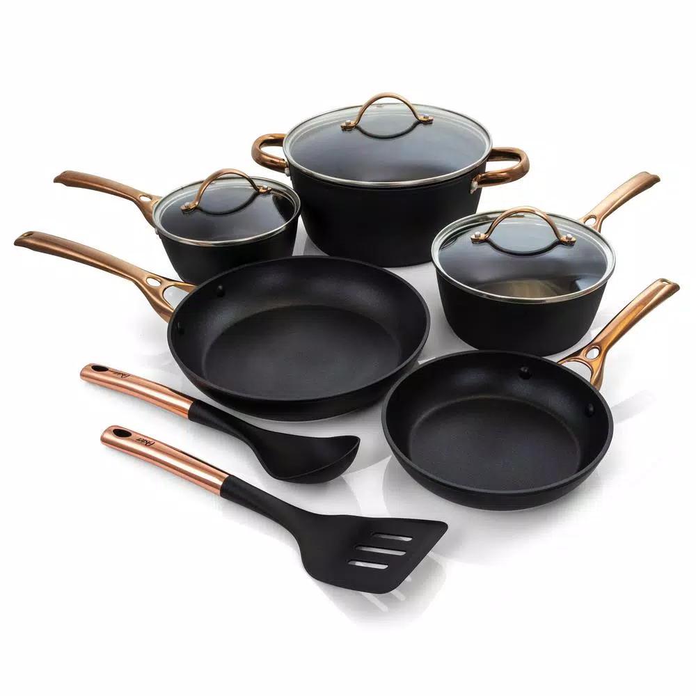 Oster Allsberg 10-Piece Aluminum Nonstick Cookware Set with Bronze Handles, Black and Bronze
