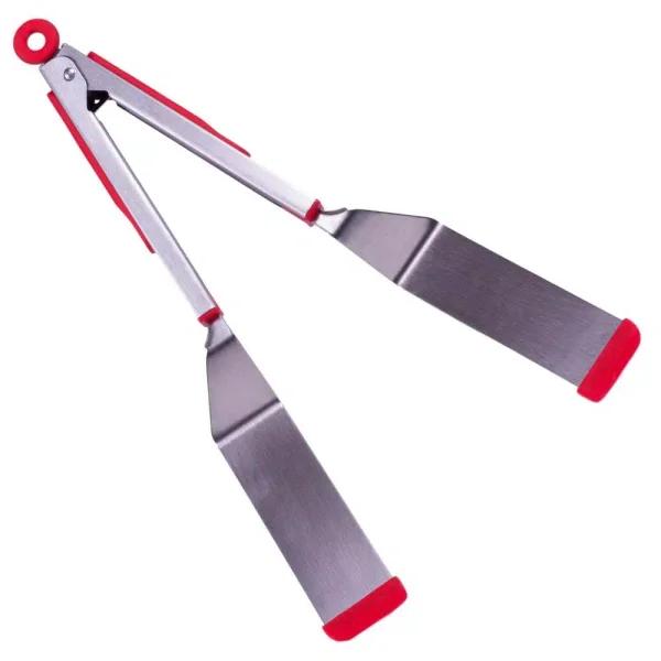 Chefright QuickScoop Brushed Stainless Steel Spatula Tongs with Silicone Edge, Red (Set of 2)