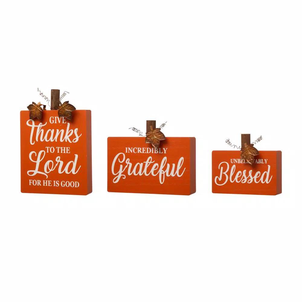 Glitzhome 8.85 in. Fall Wooden Pumpkin Table Decor Set, 3-Pack with Harvest Blessing Words