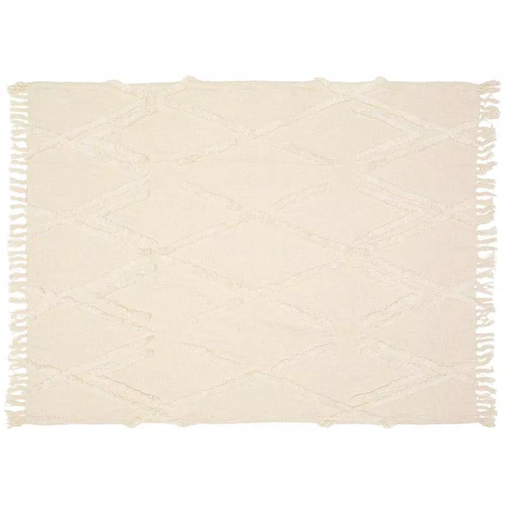 LR Resources LR Home Handmade Boho Tufted Cotton Throw Blanket with Fringe, Beige, 50 x 60 in