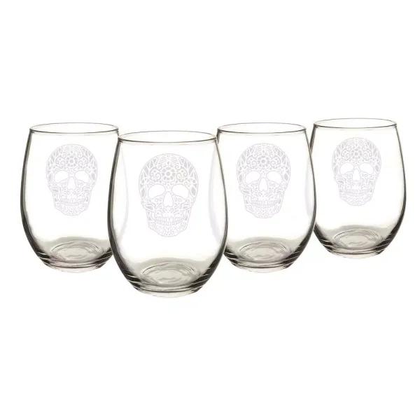 Cathy's Concepts Sugar Skull 21 oz. Stemless Wine Glasses, Set of 4, Clear Glass