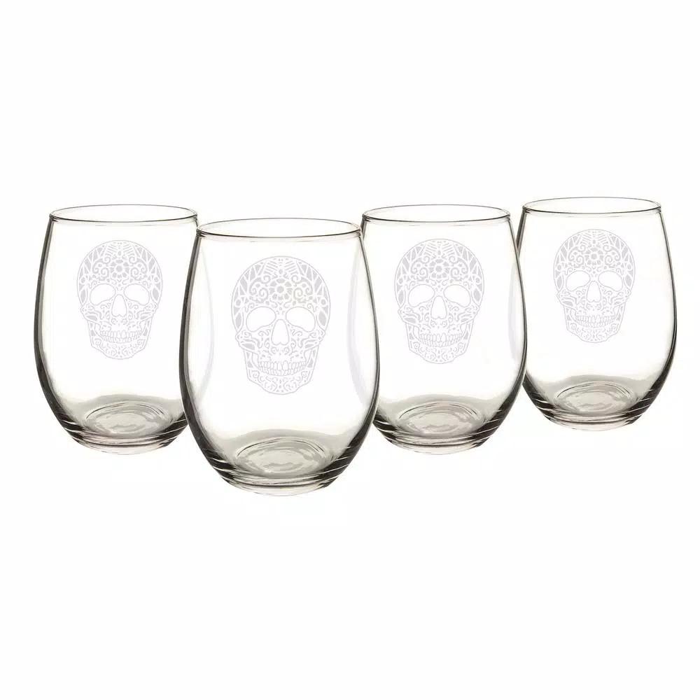Cathy's Concepts Sugar Skull 21 oz. Stemless Wine Glasses, Set of 4, Clear Glass