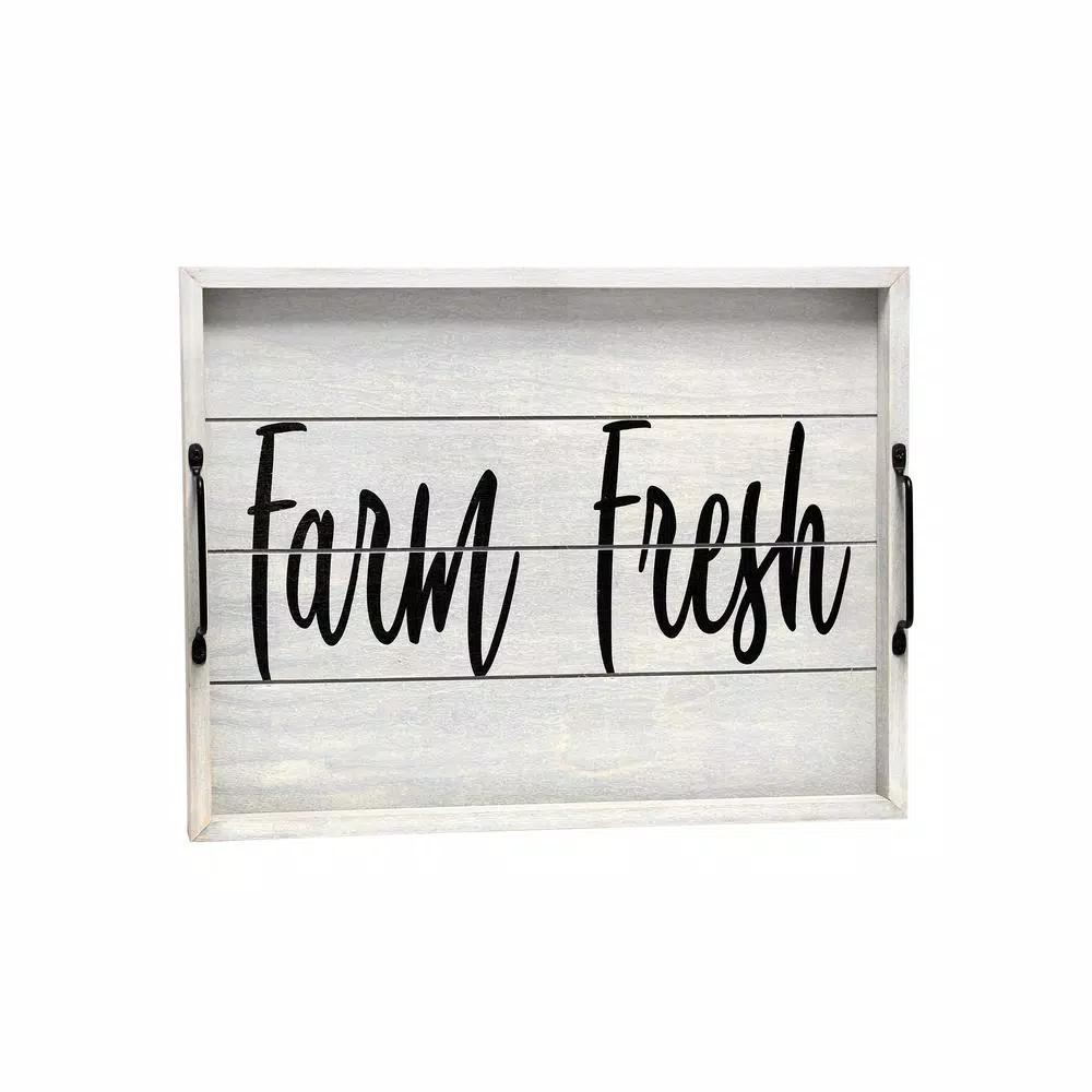 Elegant Designs Farm Fresh Gray Wash Decorative Wood Serving Tray with Black Metal Handles