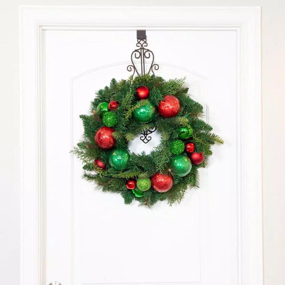 Village Lighting Company 24 in. Red and Green Christmas Cheer Artificial Pine Wreath with Ornaments