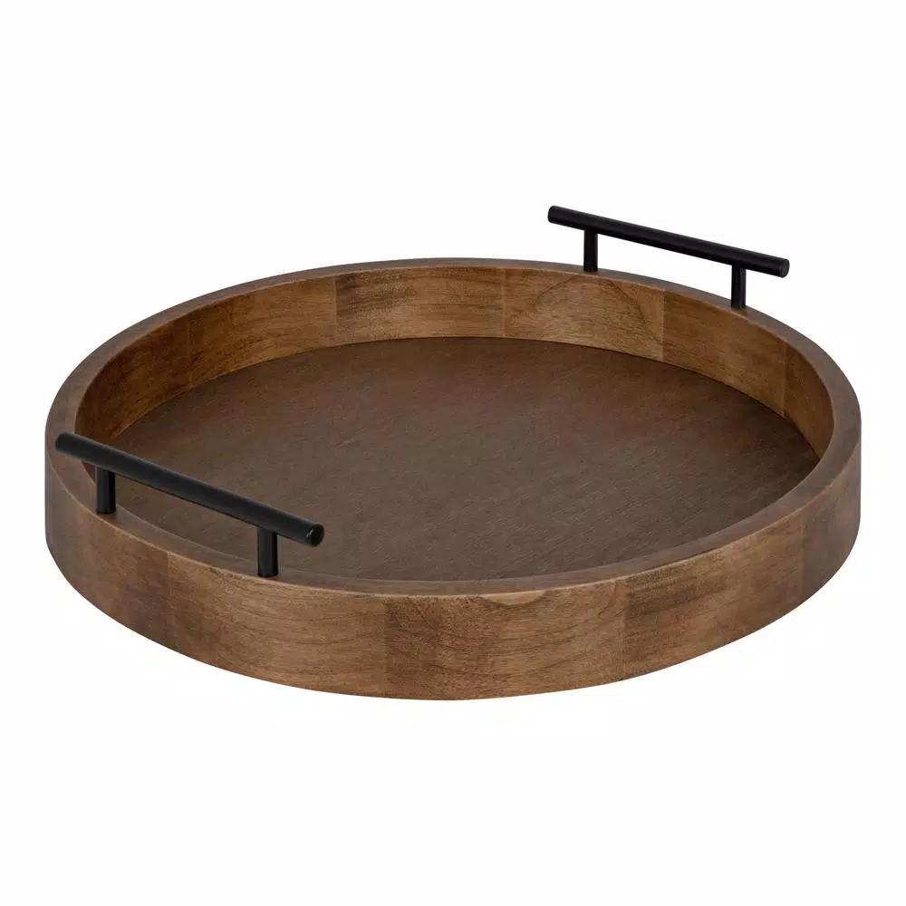 Kate and Laurel Lipton Rustic Brown Round Decorative Wood Tray with Metal Handles